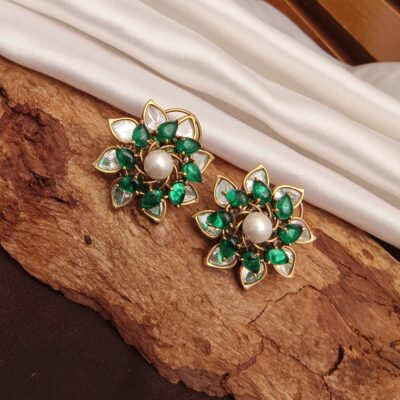 Royal Emerald & Kundan Floral Stud Earrings with Pearl Center