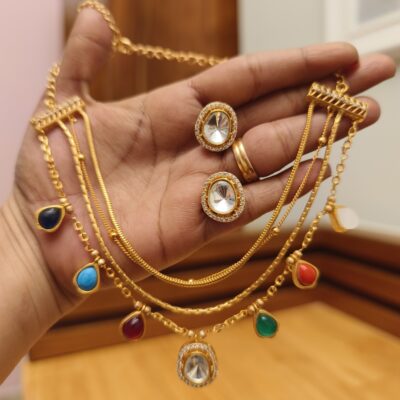 Navaratna Layered Necklace & Kundan Stud Set