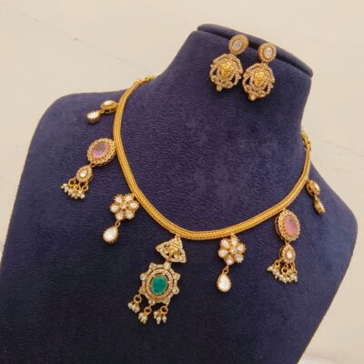 Gold Plated Charm Necklace Set with Dangling Stones