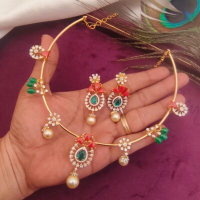 Royal Emerald & Coral Fusion Hasli Choker Set with Pearl Drops
