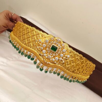 Gold inspired hipbelt with green bead hangings