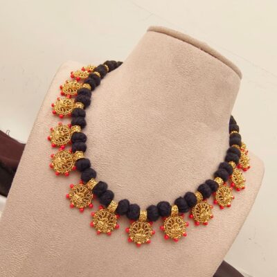 Handcrafted Black Thread Bead Necklace with Lakshmi Coin Charms