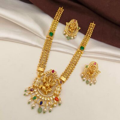 Divine Ganesh Gold Necklace Set with Navarathna Stones