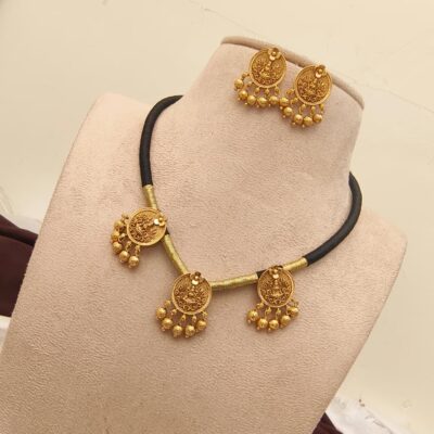 Antique All-Gold Lakshmi Coin Black Thread Necklace Set11