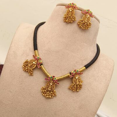 Antique Lakshmi Coin Multi Stone Black Thread Necklace Set