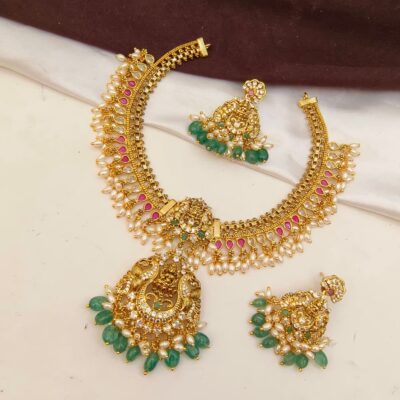 Royal Guttapusalu Temple Necklace Set with Lakshmidevi Pendant