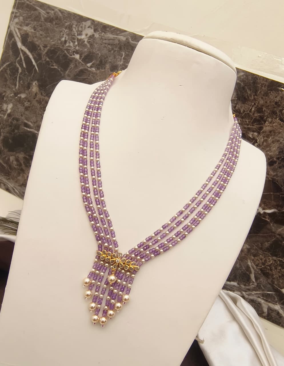 Silver Inspried Crush Beads With Swaroski Peral Mala - Image 4