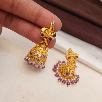 Gold-Plated Lakshmi Jhumka Earrings with Amethyst and Pearl Accents
