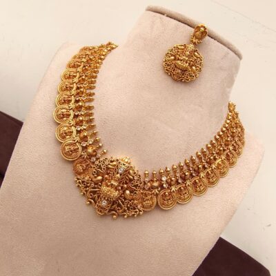 Antique Matte Gold Lakshmi Kasu Mala Necklace