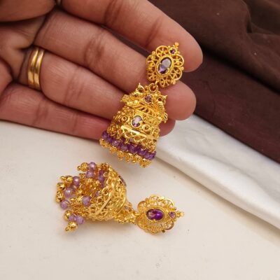 Gold-Plated Amethyst Jhumka Earrings with Peacock Filigree
