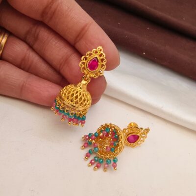 Gold-Plated Ruby and Emerald Bead Jhumka Earrings