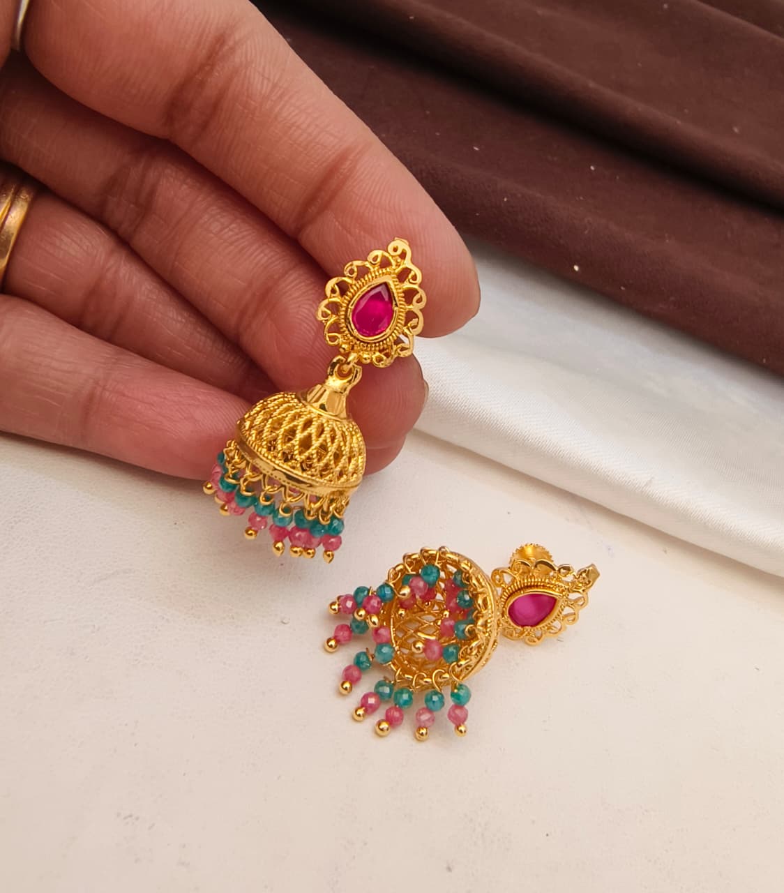 Gold-Plated Ruby and Emerald Bead Jhumka Earrings