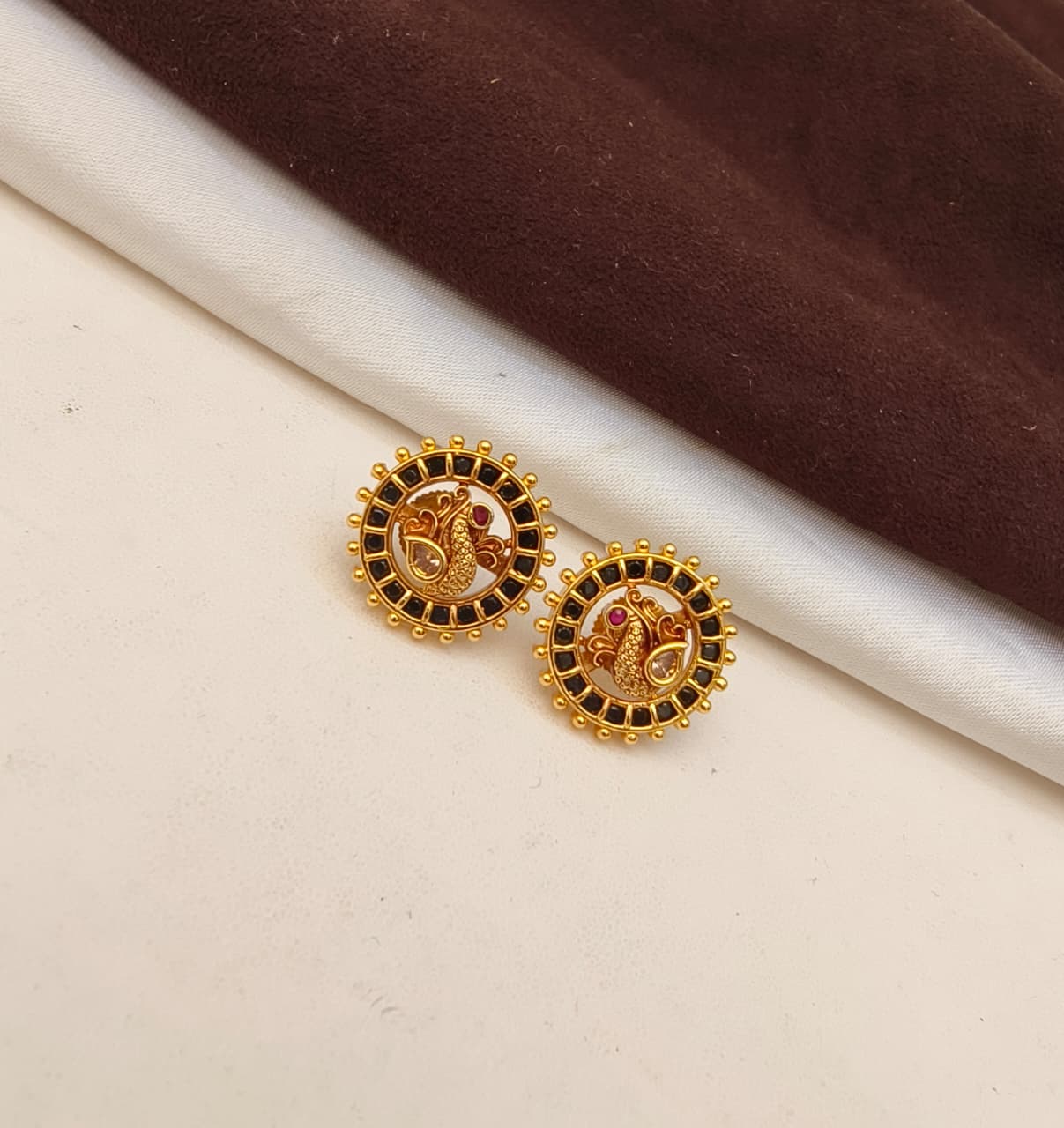 Antique Gold Peacock Circular Stud Earrings