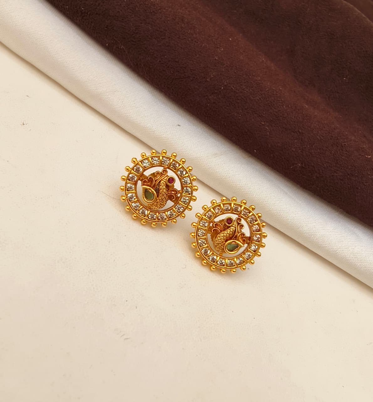 Antique Gold Peacock Circular Stud Earrings - Image 3