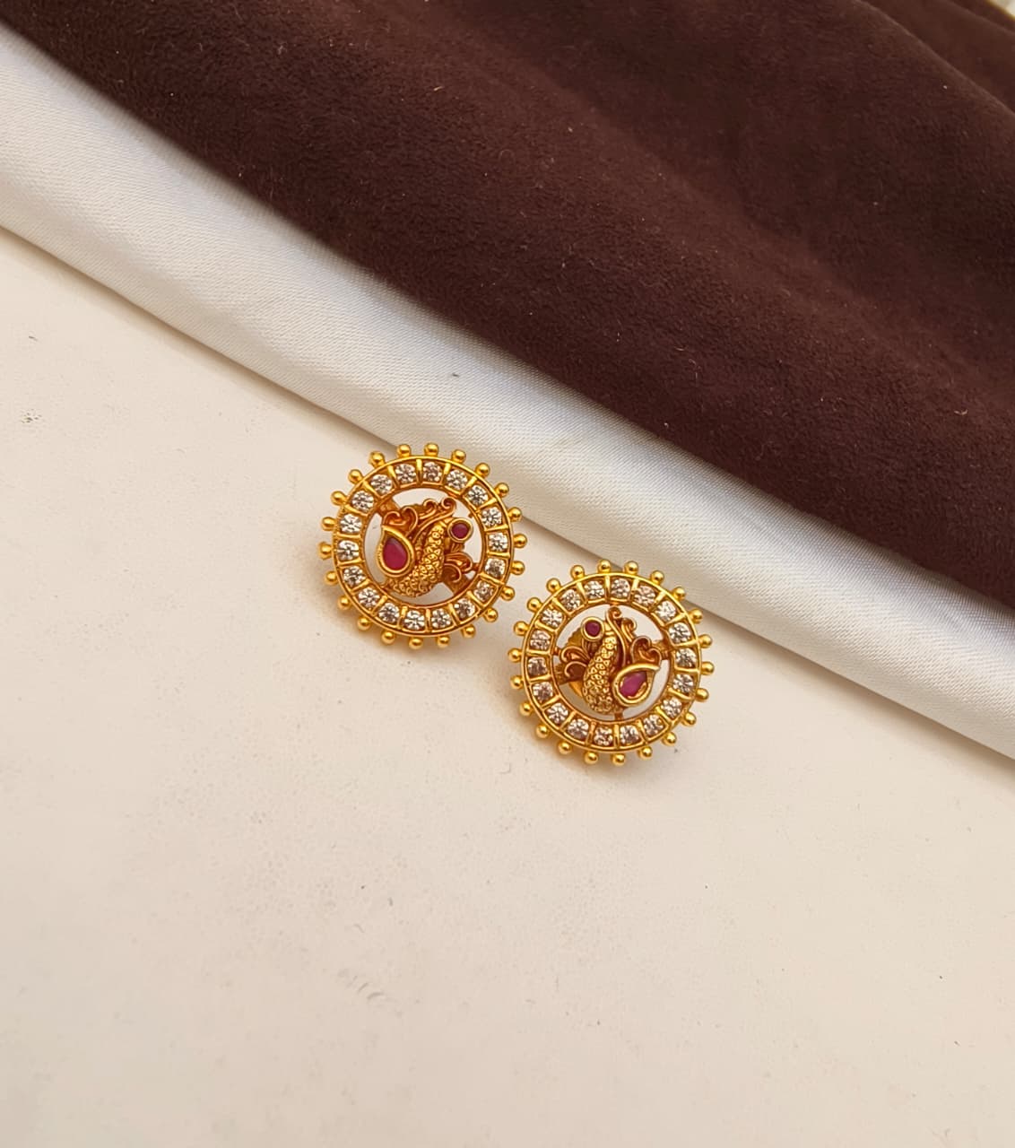 Antique Gold Peacock Circular Stud Earrings - Image 4