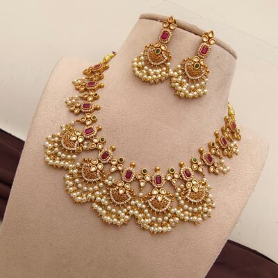 Elegant Antique Gold-Plated Guttapusalu Necklace and Earring Set