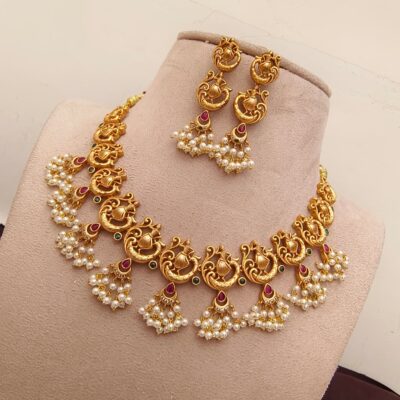 Traditional Antique Gold-Plated Dancing Girl  Guttapusalu Necklace Set