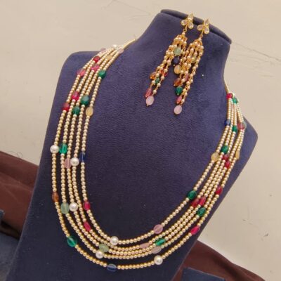 Elegant Multi-Layered Swaroski Pearl and Navratna-Style Necklace