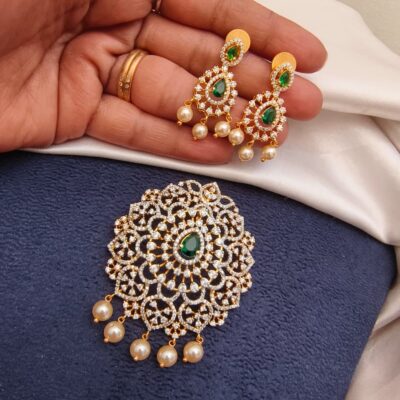 Emerald & CZ Stone Statement Pendant Set