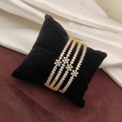 Sparkling Gold-Plated CZ Stone Floral Accent Bangles (Set of 4)