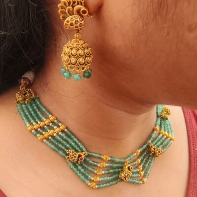 Elegant Multi-Strand Green Onyx Bead Choker Necklace Set with Jhumkas