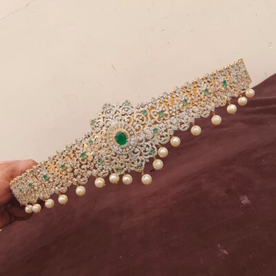 Royal Cubic Zirconia & Emerald Vaddanam (Saree Belt) with Pearl Hanging Drops