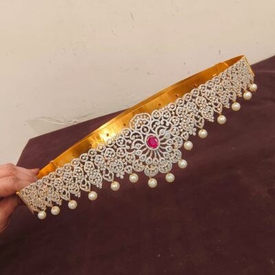 Regal CZ Filigree Vaddanam with Ruby Centerpiece & Pearl Drops
