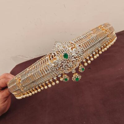 Daimond Peacock Vaddanam with Emerald Drop Charms & Pearl Border