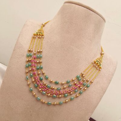 Elegant Multi-Layer Emerald and Ruby-Toned Beaded Necklace