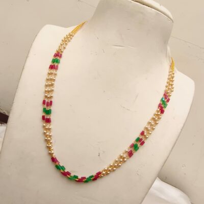 Double-Layered Pearl, Ruby & Emerald Tube-Bead Neck lace