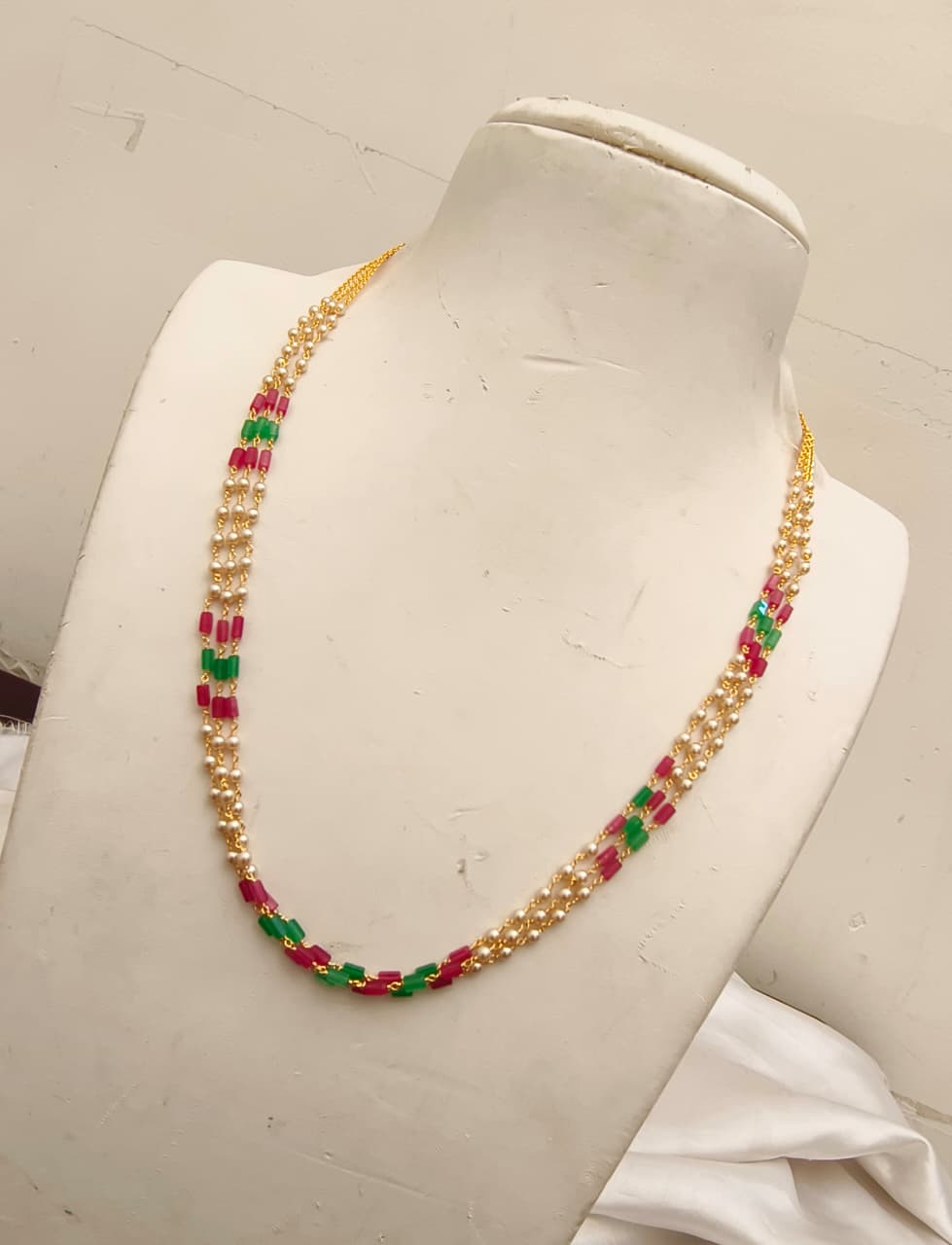 Double-Layered Pearl, Ruby & Emerald Tube-Bead Neck lace
