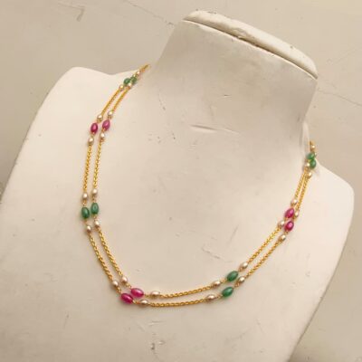 Delicate Two-Strand Ruby, Emerald & Pearl Gold Chain