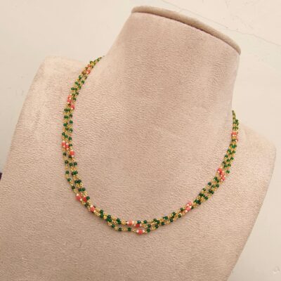 Emerald Green & Coral Pink Beaded Chain