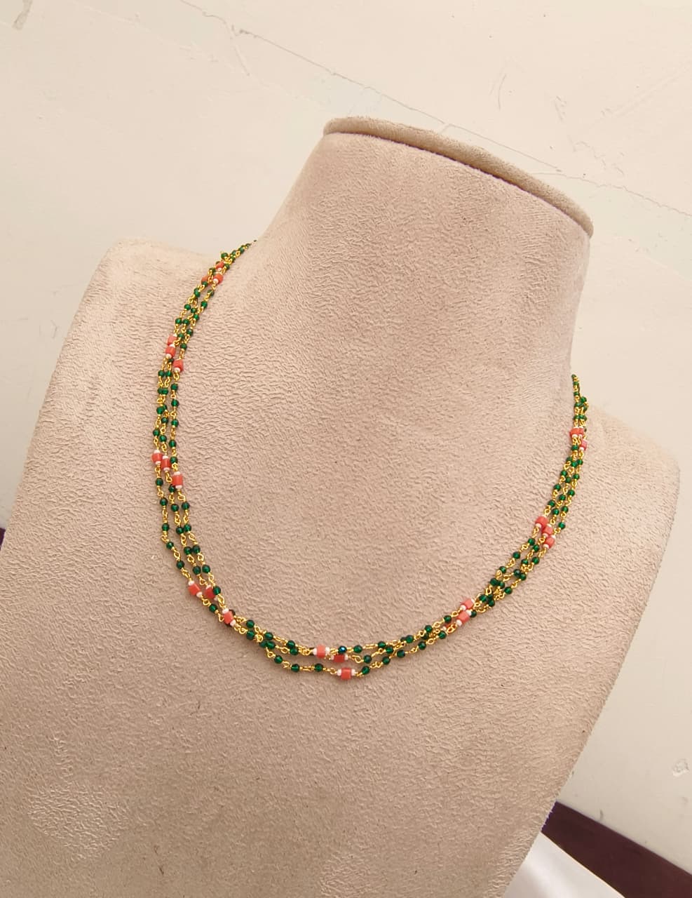 Emerald Green & Coral Pink Beaded Chain