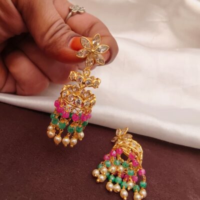 Polki Uncut Diamond Floral Jhumkas with Screwback (Ruby, Emerald & Pearl Drops)