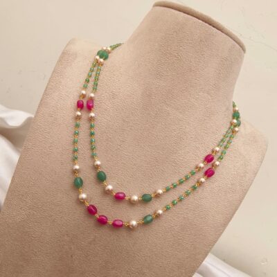 Elegant Two-Layer Emerald, Ruby & Pearl Beaded Chain