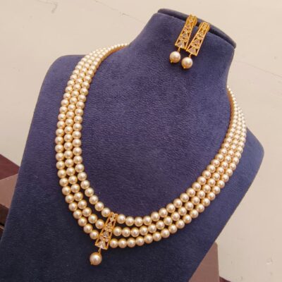 Swarovski Pearl Three-Strand Layered Necklace Set with CZ Pendant