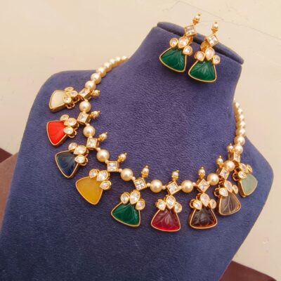 Navratna-Style Multicolor Carved Gemstone & Pearl Necklace Set